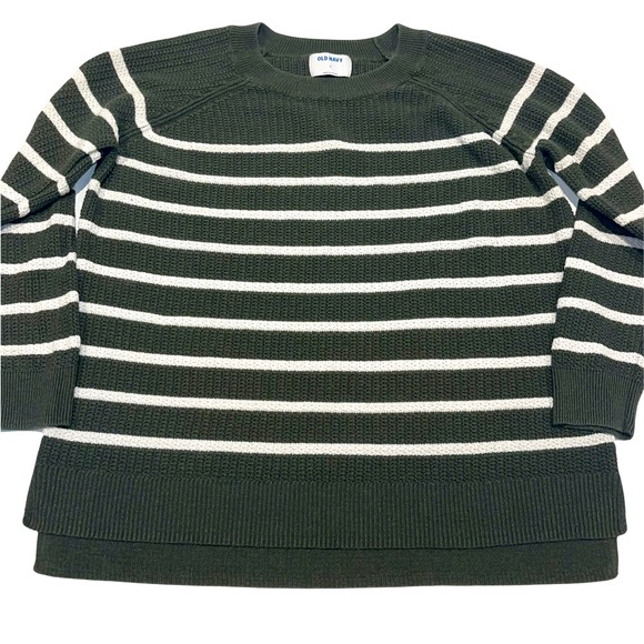 Old Navy Sweaters - Old Navy High/Low Knit Round Neck Dark Green & Ivory Striped Pullover Sweater XL